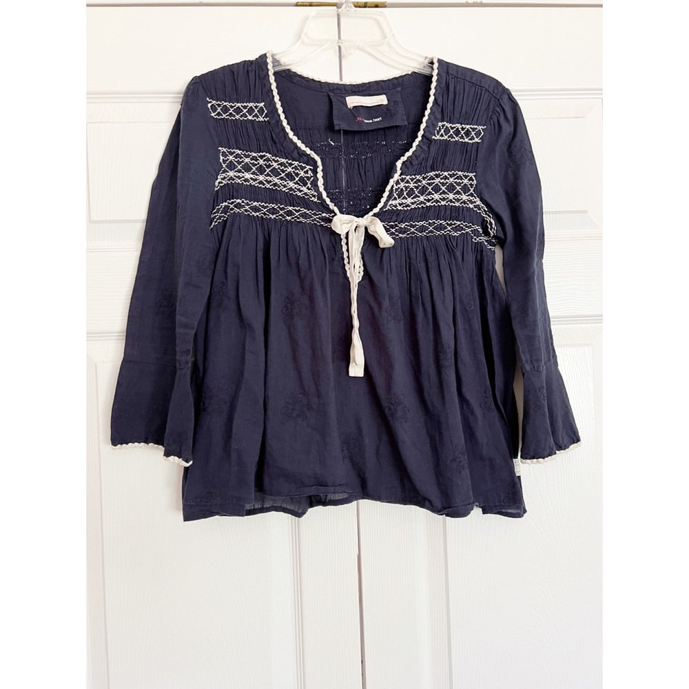 Odd Molly Navy Blue Embroidered Peasant Blouse with Cream Trim